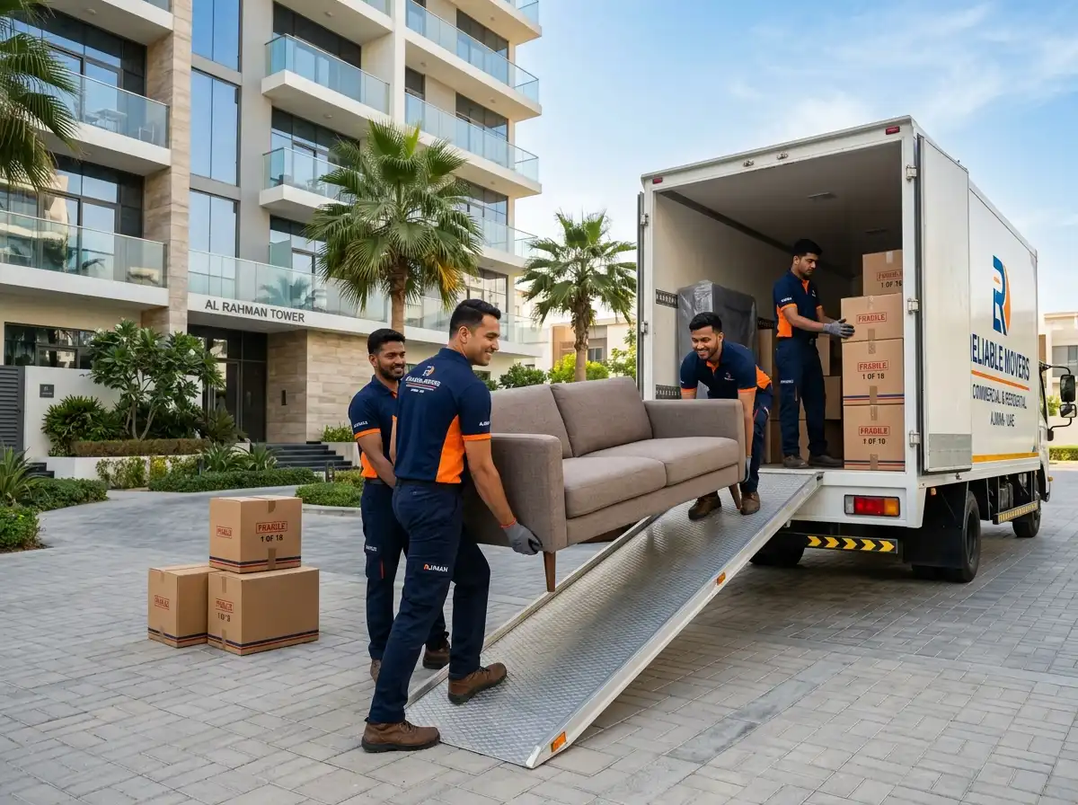 Movers loading furniture into a moving truck in Ajman