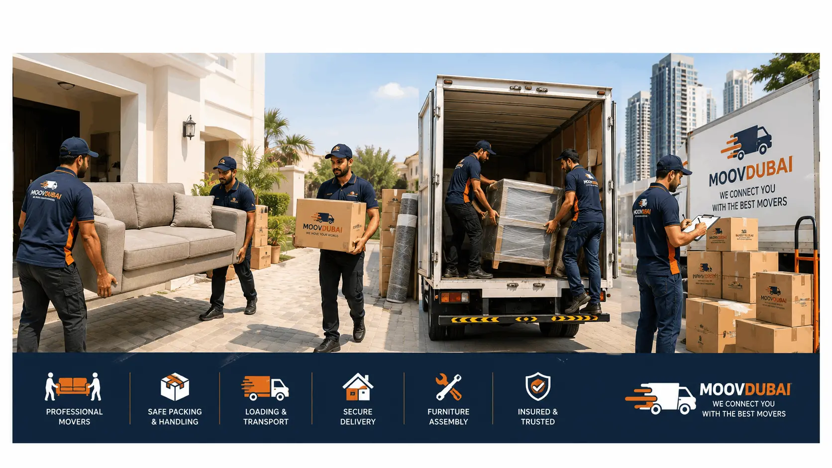 Professional furniture movers loading a sofa in Ajman